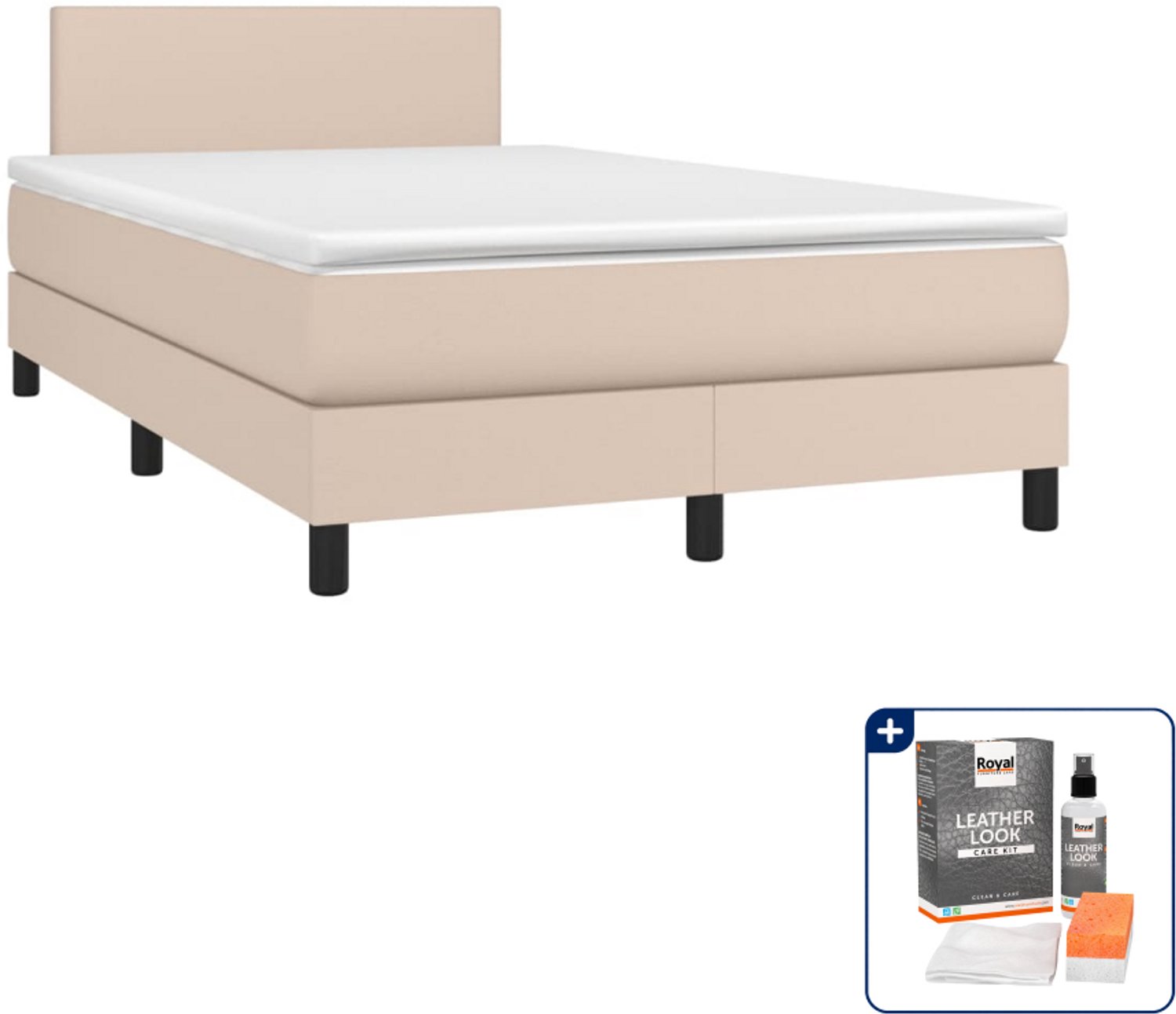 vidaXL boxspring met matras 120 x 190 cm - kunstleer - cappuccino - Inclusief onderhoudsset voor kunstleer 150 ml Bruin