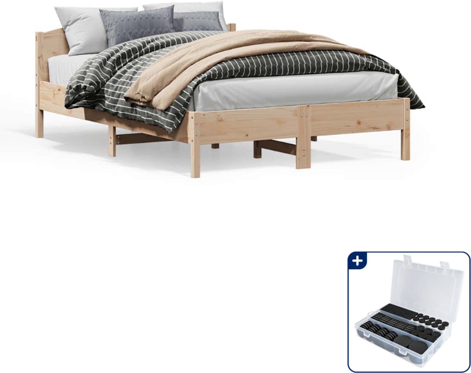 vidaXL Queensize bedframe - 160 x 200 cm - massief grenenhout - Inclusief antikrasvilt 177-delig Bruin