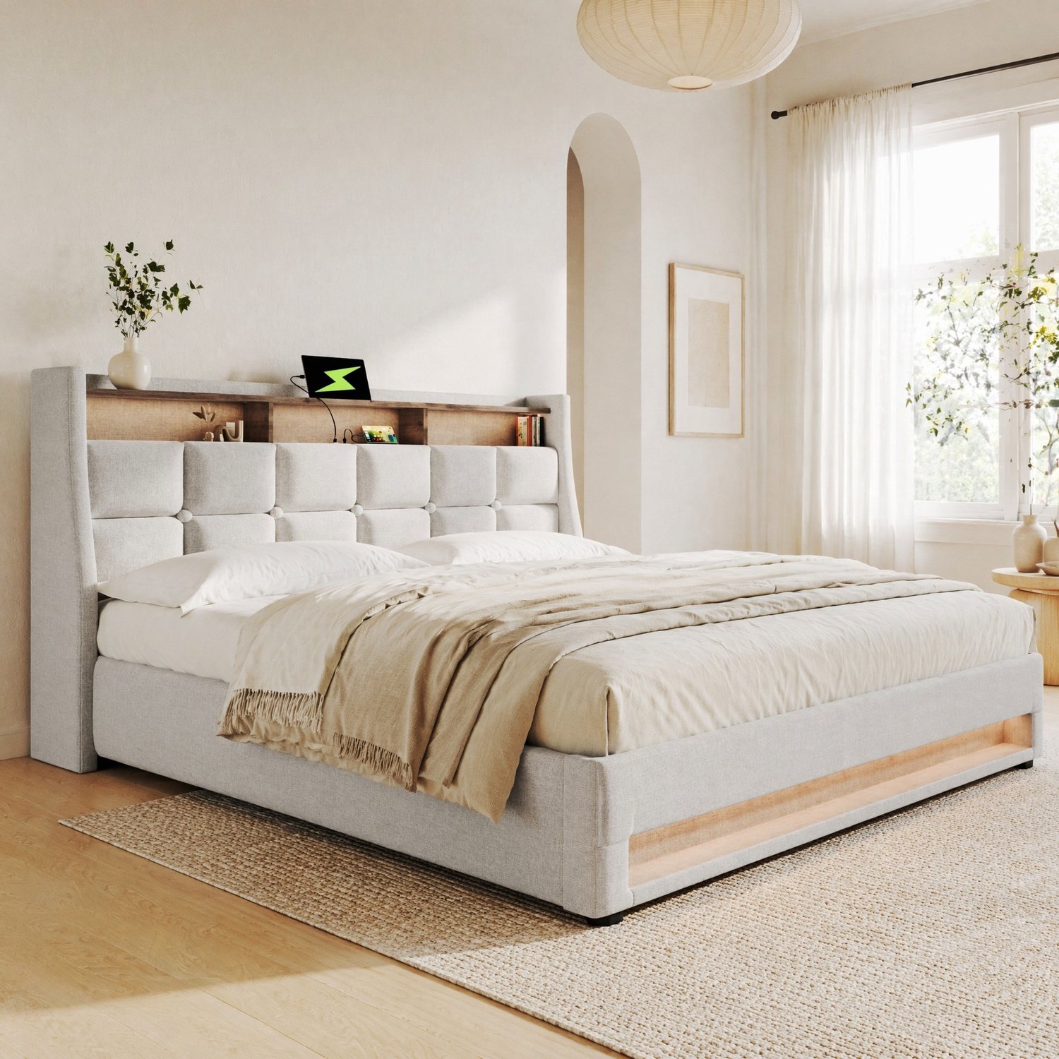 Maisentiel Gestoffeerd tweepersoonsbed 140 x 200 cm - beige - LED, USB en opbergruimte Lichtgrijs