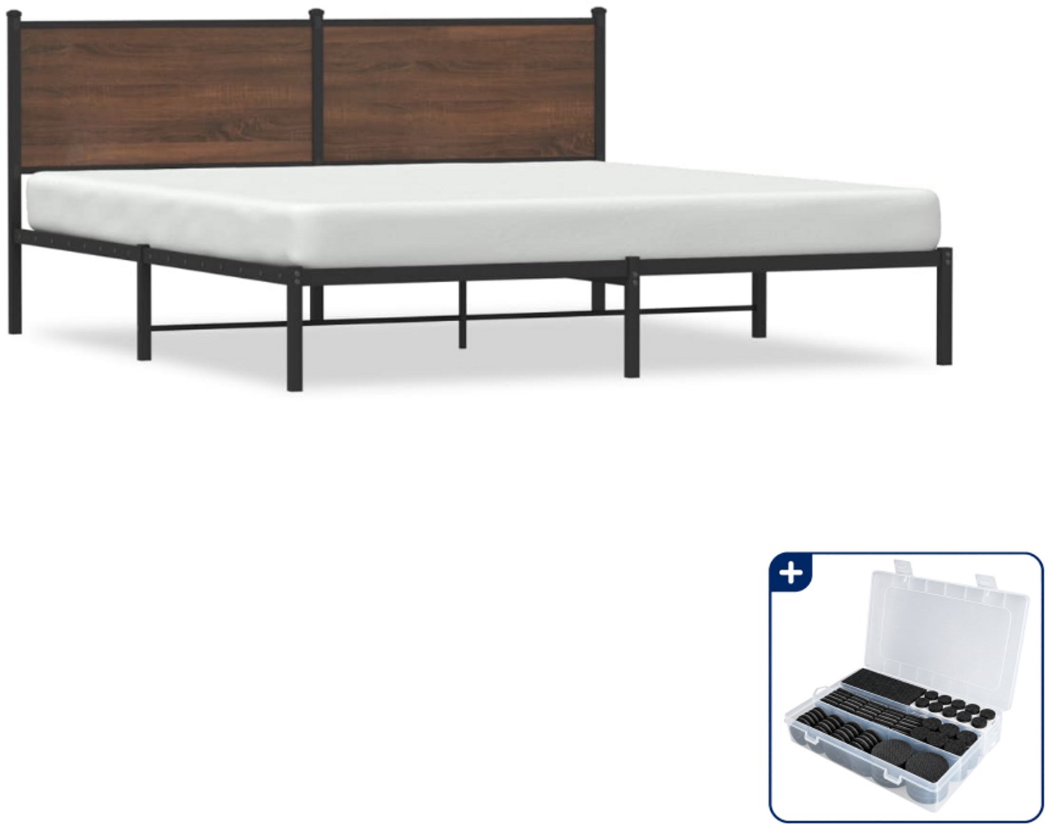 vidaXL Bedframe - Kingsize - 180 x 210 cm - staal en hout - bruin - Inclusief antikrasvilt 177-delig
