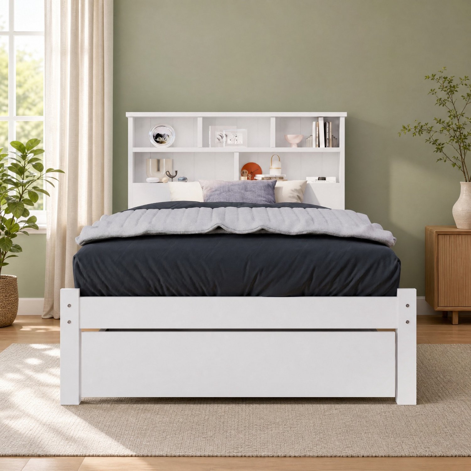 Maisentiel Eenpersoonsbed 90x200 cm met boekenkast-hoofdbord, lade en lattenbodem - wit