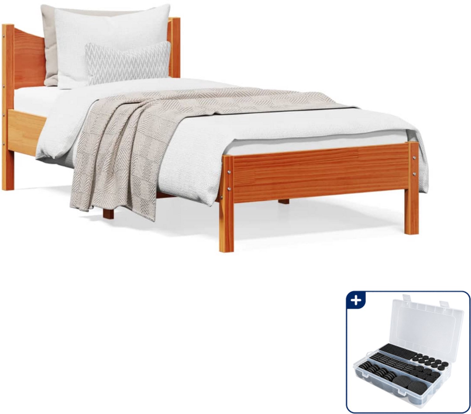 vidaXL bedframe - 75 x 190 cm - massief grenenhout - wasbruin - Inclusief antikrasvilt 177-delig