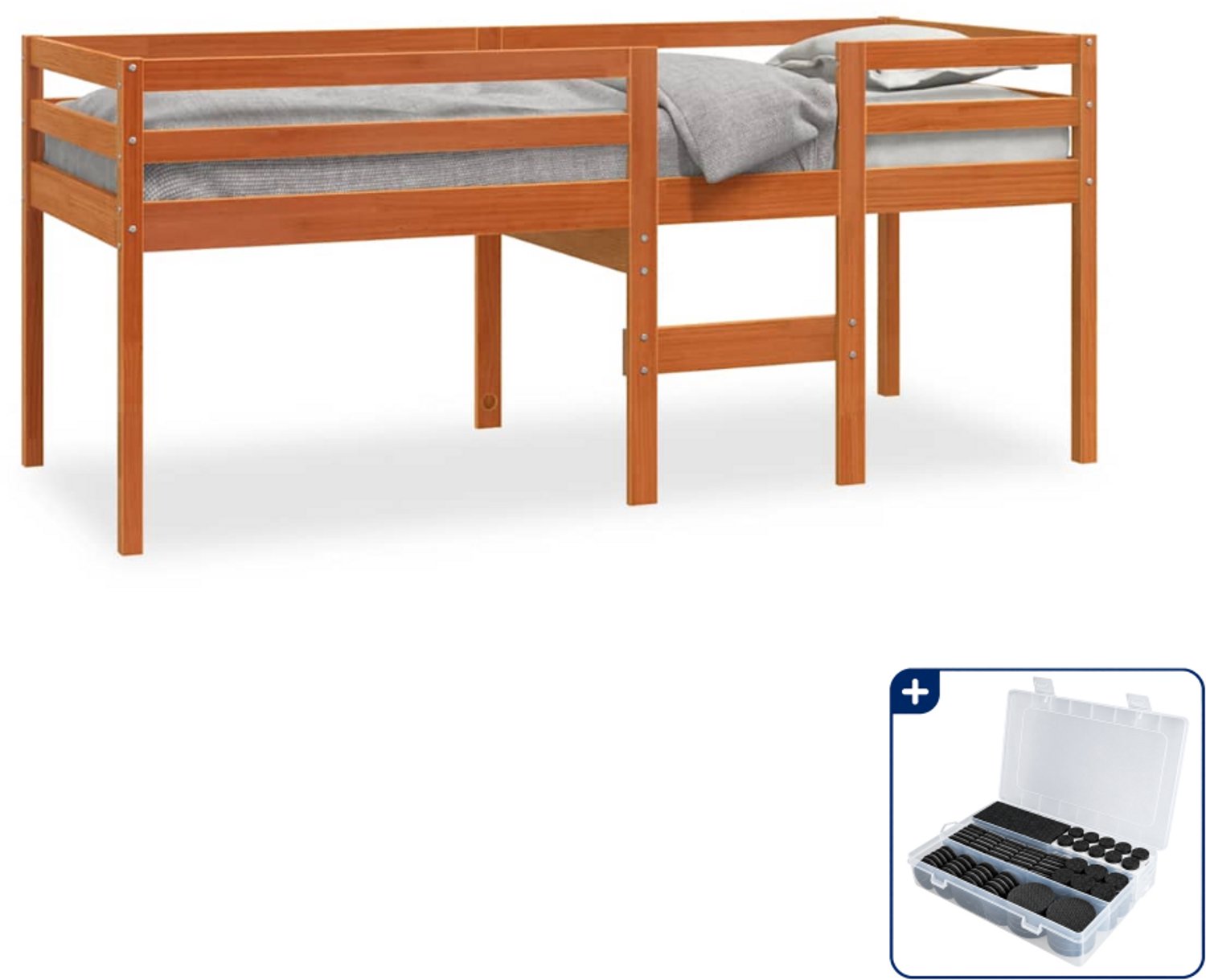vidaXL hoogslaper - 80 x 200 cm - massief grenenhout - wasbruin - Inclusief antikrasvilt 177-delig
