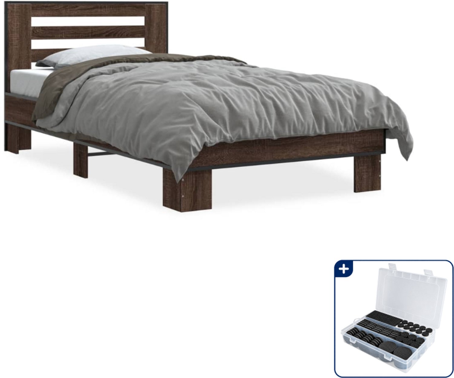 vidaXL Bedframe - 90 x 190 cm - bewerkt hout en metaal - bruineiken - Inclusief antikrasvilt 177-delig