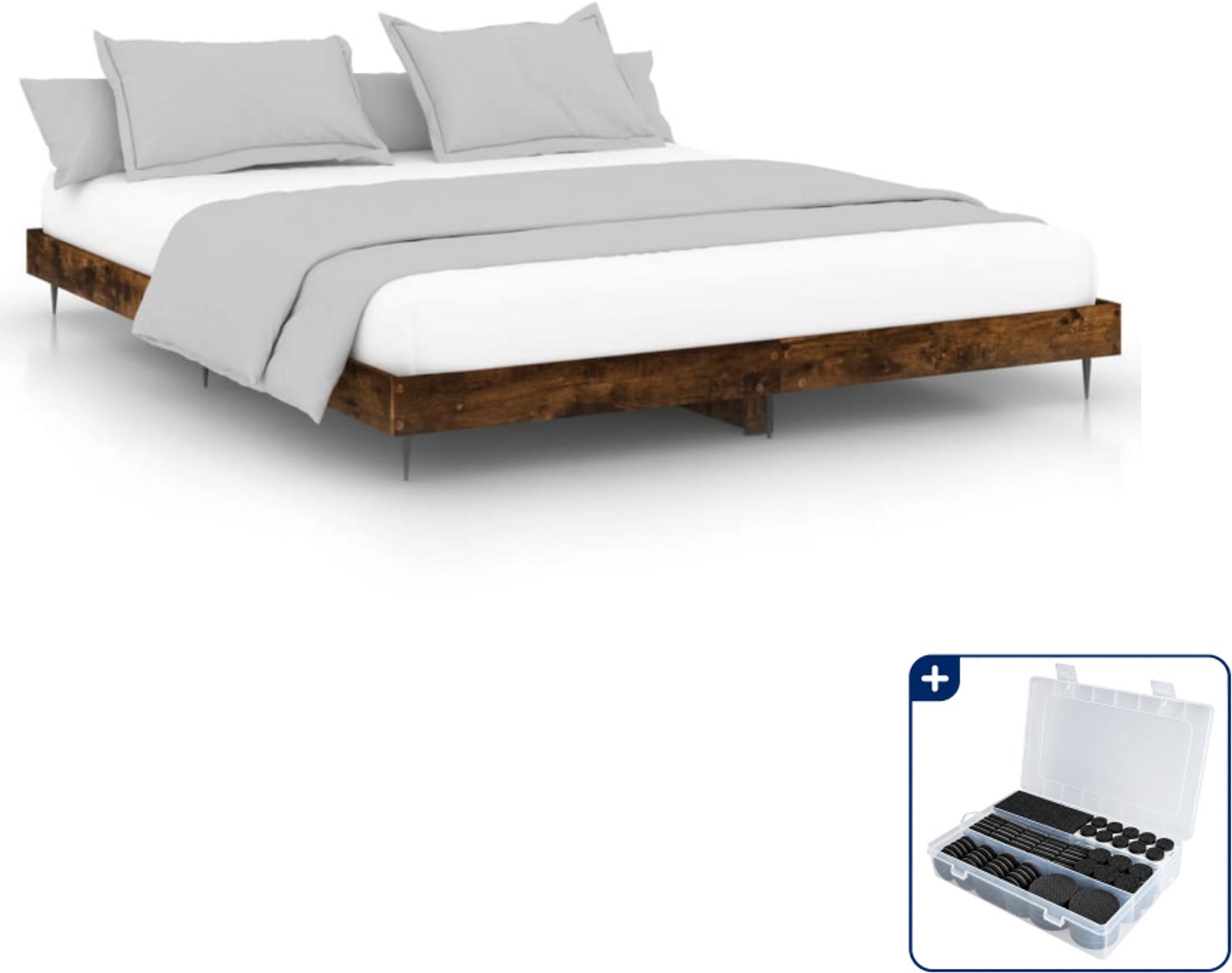 vidaXL bedframe - 150 x 200 cm - bewerkt hout - gerookt eiken - Inclusief antikrasvilt 177-delig Bruin