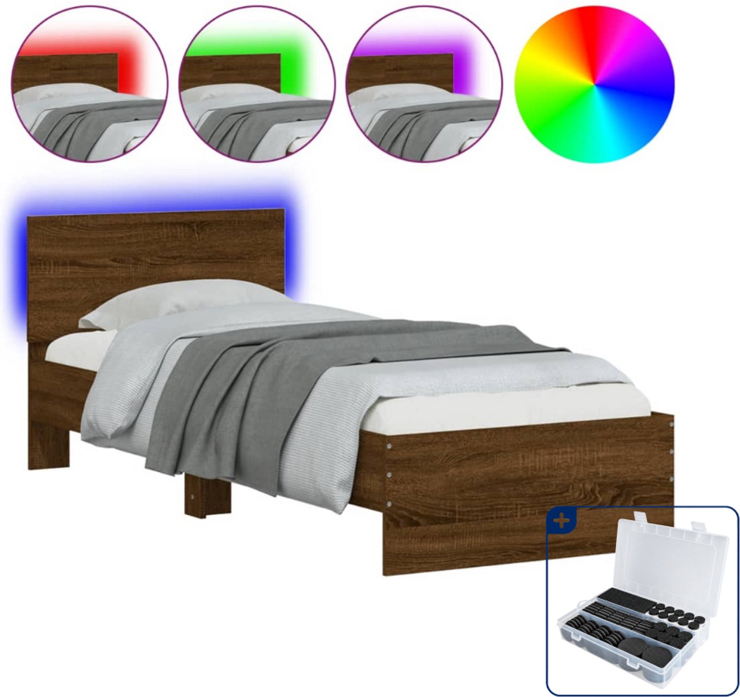 vidaXL bedframe met hoofdbord en LED - 75 x 190 cm - bruineiken - Inclusief antikrasvilt 177-delig