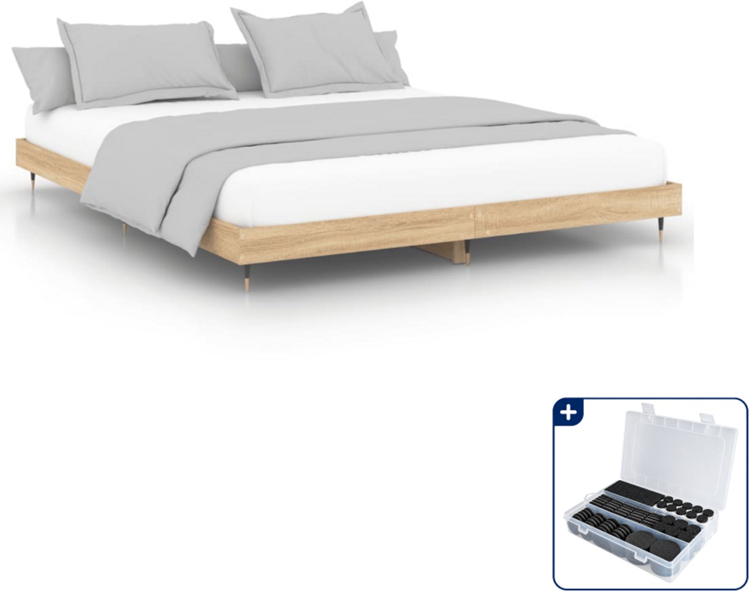 vidaXL bedframe - 200 x 200 cm - sonoma eikenkleurig - Inclusief antikrasvilt 177-delig Bruin