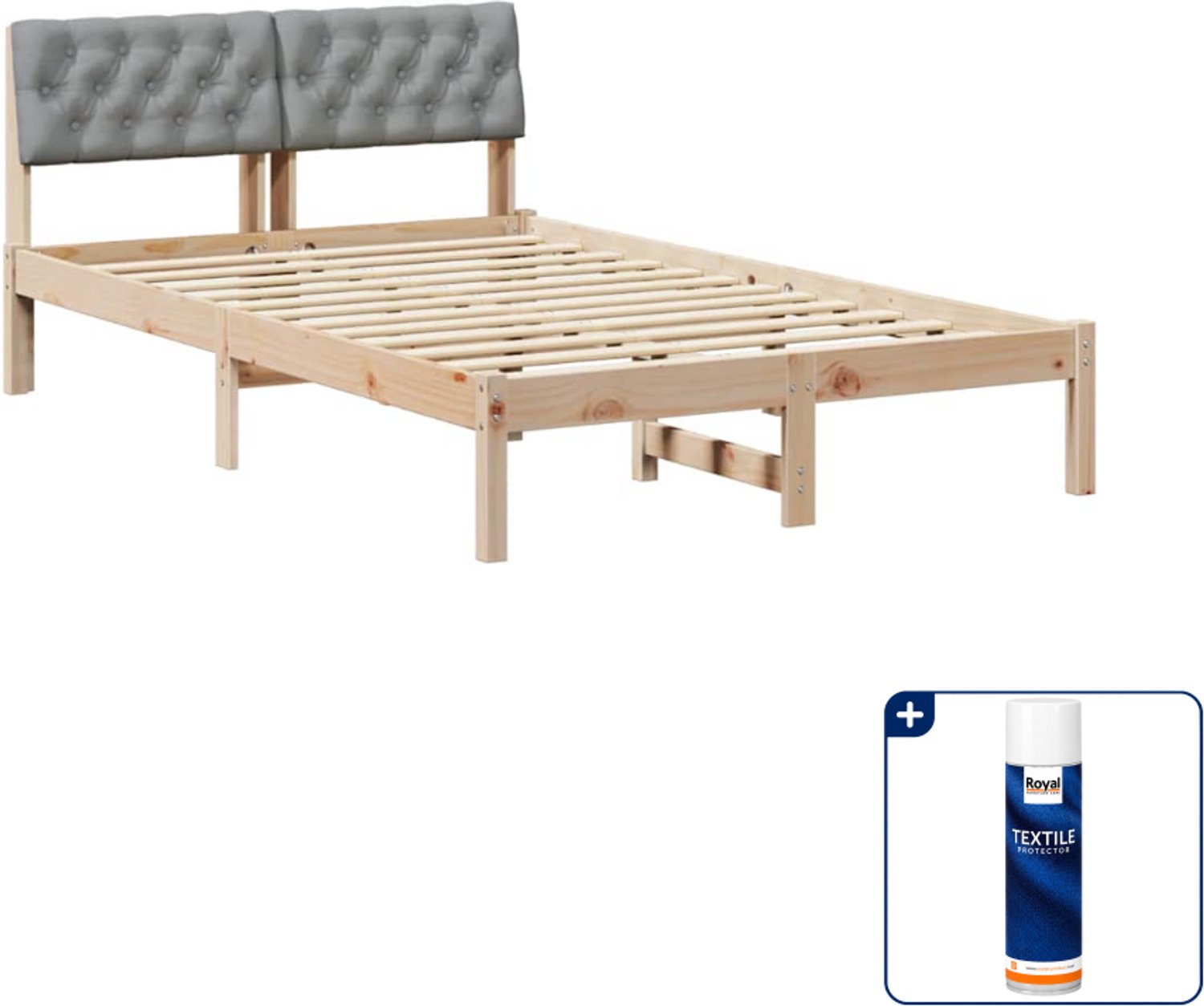 vidaXL Bedframe - 120 x 190 cm - massief grenenhout - bruin/lichtgrijs - Inclusief textielbeschermer 500 ml