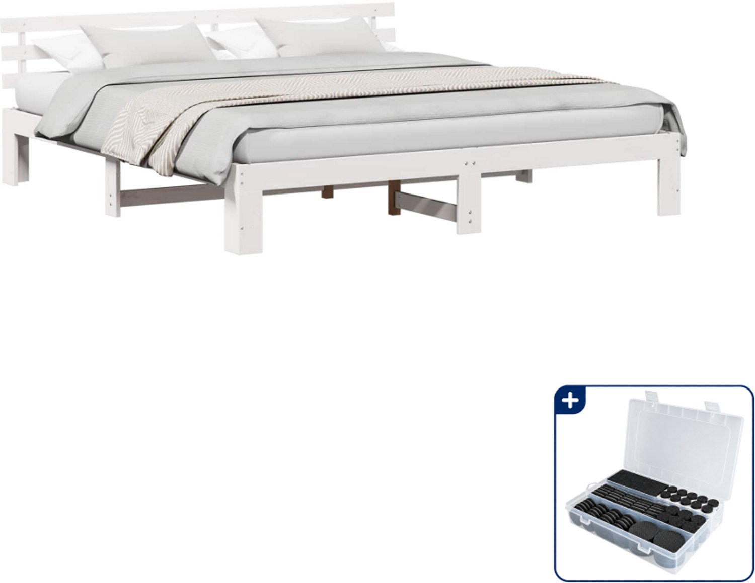 vidaXL bedframe met hoofdeinde - 200 x 200 cm - massief grenenhout - wit - Inclusief antikrasvilt 177-delig