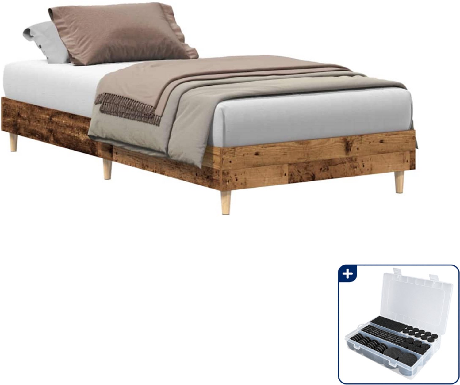 vidaXL bedframe - 90 x 190 cm - bewerkt hout - oud hout - Inclusief antikrasvilt 177-delig Bruin