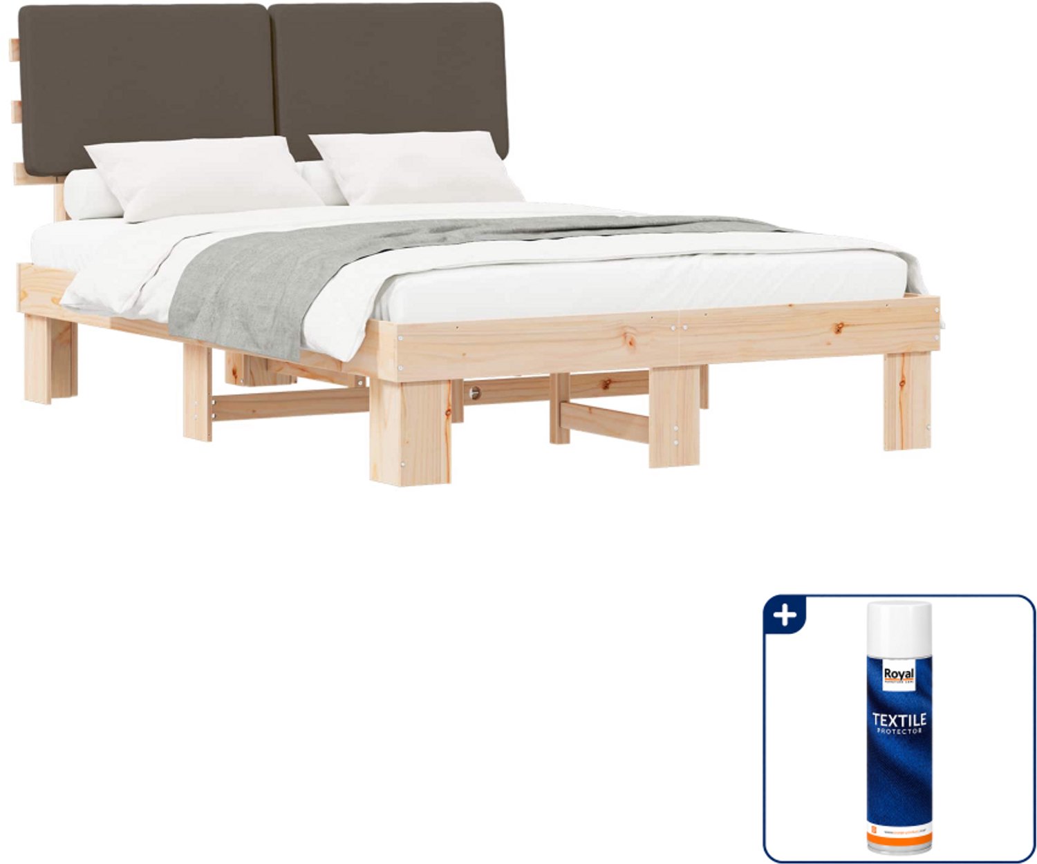 vidaXL Bedframe - 150 x 200 cm - massief grenenhout - taupe - Inclusief textielbeschermer 500 ml