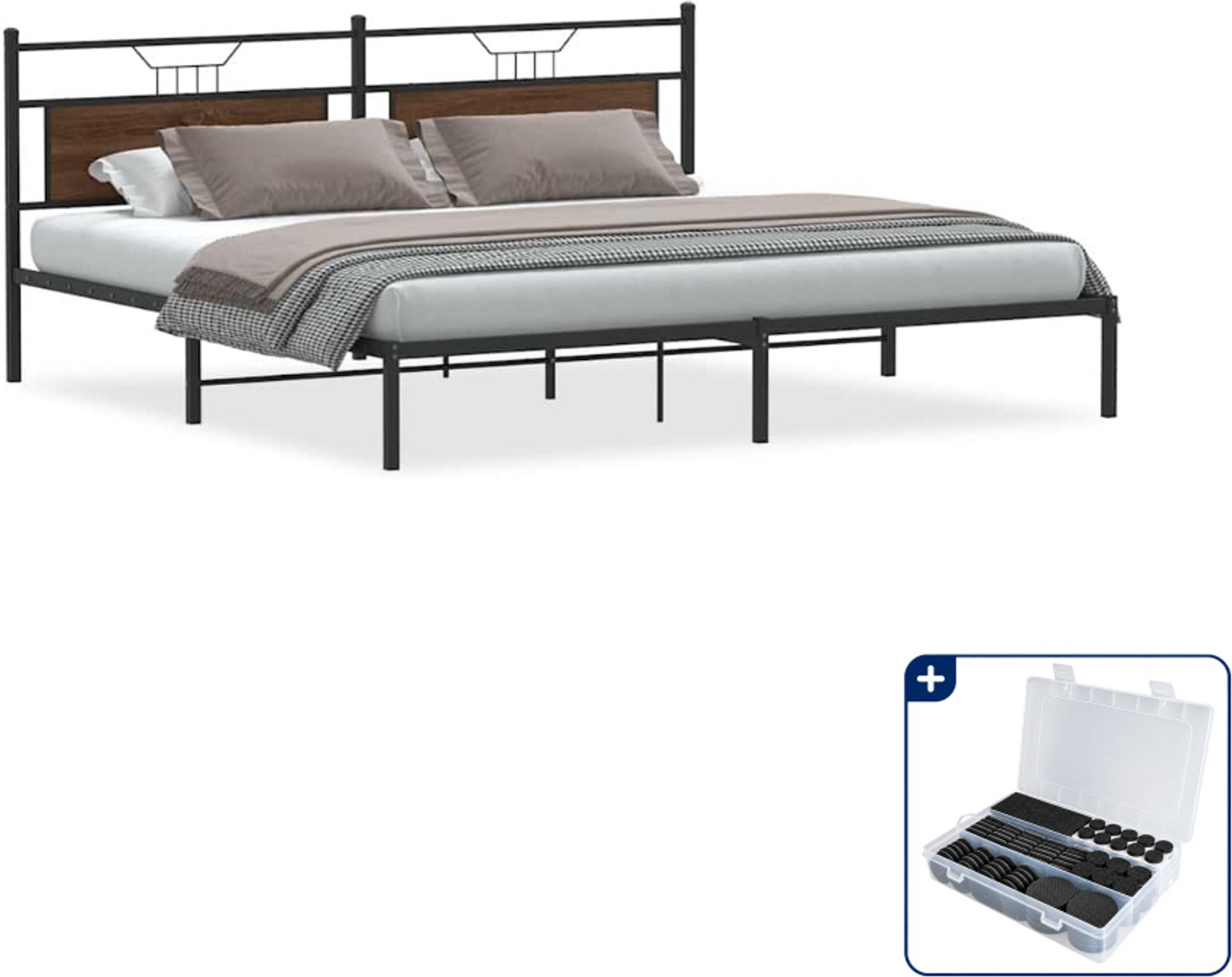vidaXL Bedframe - 193 x 203 cm - bewerkt hout en staal - bruin eiken - Inclusief antikrasvilt 177-delig