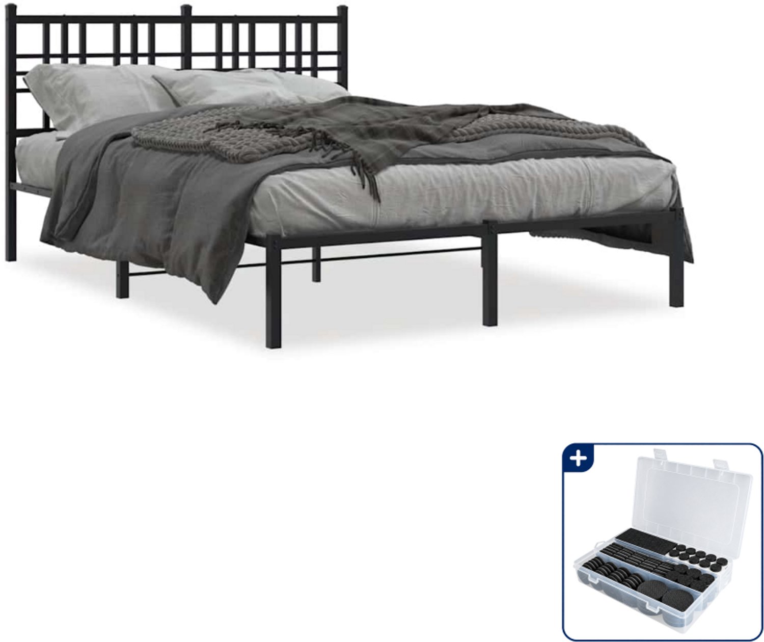 vidaXL bedframe met hoofdbord - 120 x 200 cm - staal - zwart - Inclusief antikrasvilt 177-delig