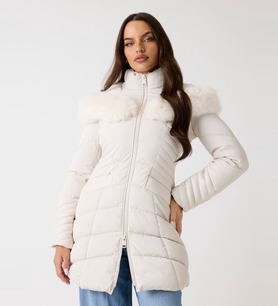 Guess Donsjack met capuchon van synthetisch bont in crème