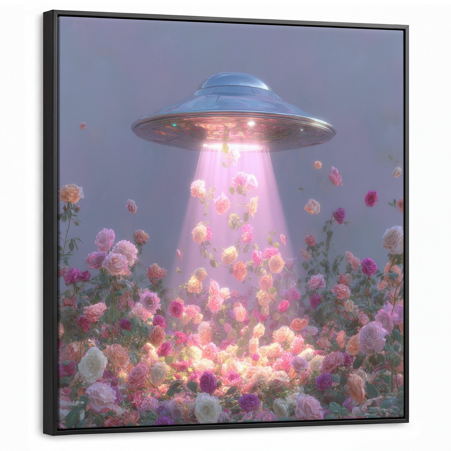 Canvas Schilderij met Baklijst 90x90cm - Ufo - Rozen - Pastelkleuren - Muurdecoratie woonkamer - Slaapkamer decoratie - Kamer accessoires - Schilderijen op canvas met lijst