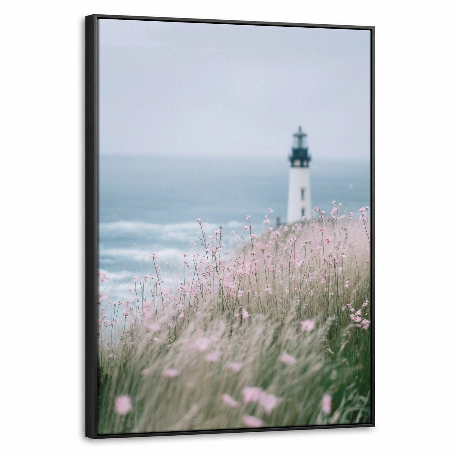 Canvas Schilderij met Baklijst 60x80cm - Vuurtoren - Klif - Zee - Bloemen - Muurdecoratie woonkamer - Slaapkamer decoratie - Kamer accessoires - Schilderijen op canvas met lijst