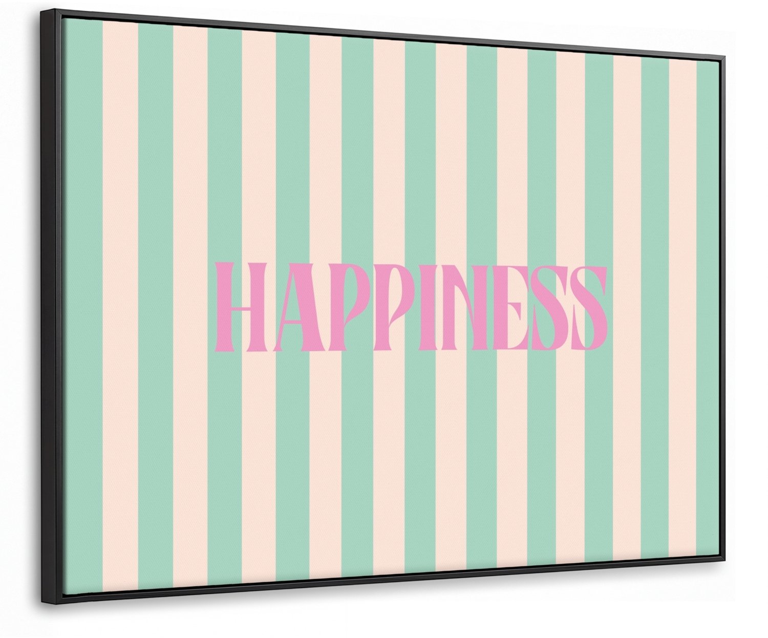 Canvas Schilderij met Baklijst 100x70cm - Roze - Groen - Strepen - Happiness - Muurdecoratie woonkamer - Slaapkamer decoratie - Kamer accessoires - Schilderijen op canvas met lijst