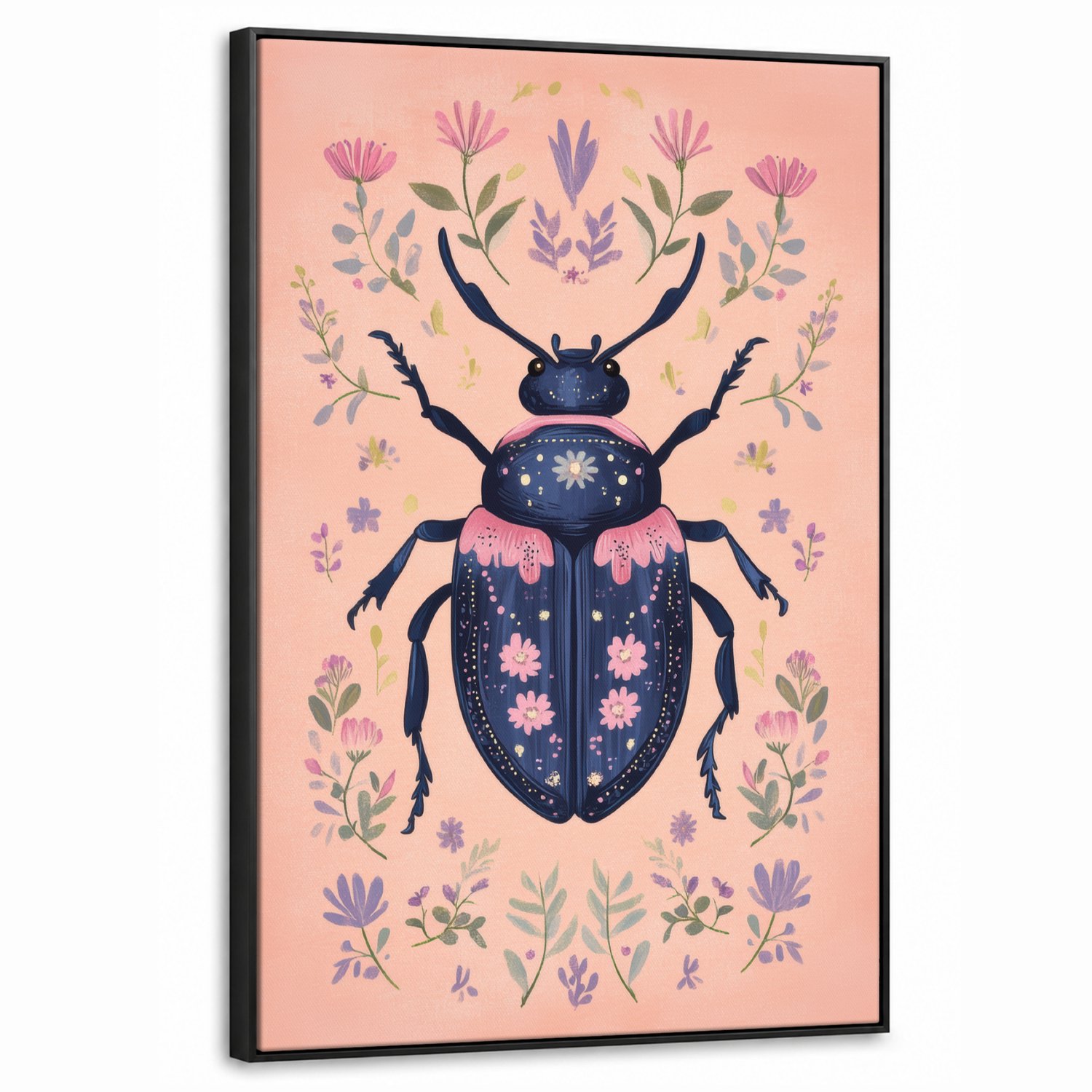 Canvas Schilderij met Baklijst 60x90cm - Kever - Donkerblauw - Bloemen - Sierlijk - Muurdecoratie woonkamer - Slaapkamer decoratie - Kamer accessoires - Schilderijen op canvas met lijst