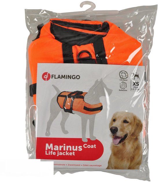 Flamingo Marinus oranje hondenzwemvest in verpakking, maat XS, met reflecterende strepen en handvat.