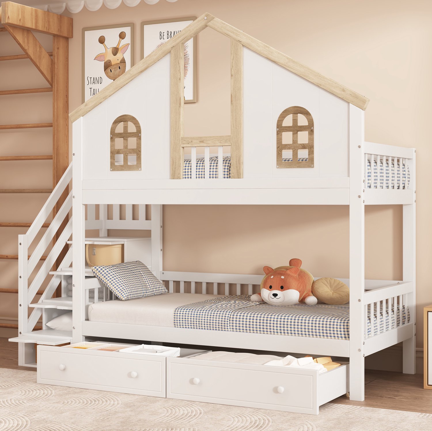 Wishdor Kinderstapelbed 90x200 cm - Huisvorm met ramen - Opbergtrap met klepvakken en lades - Hoge uitvalbeveiliging - Voor de kinderkamer - Grenenhout en MDF - Wit en naturel