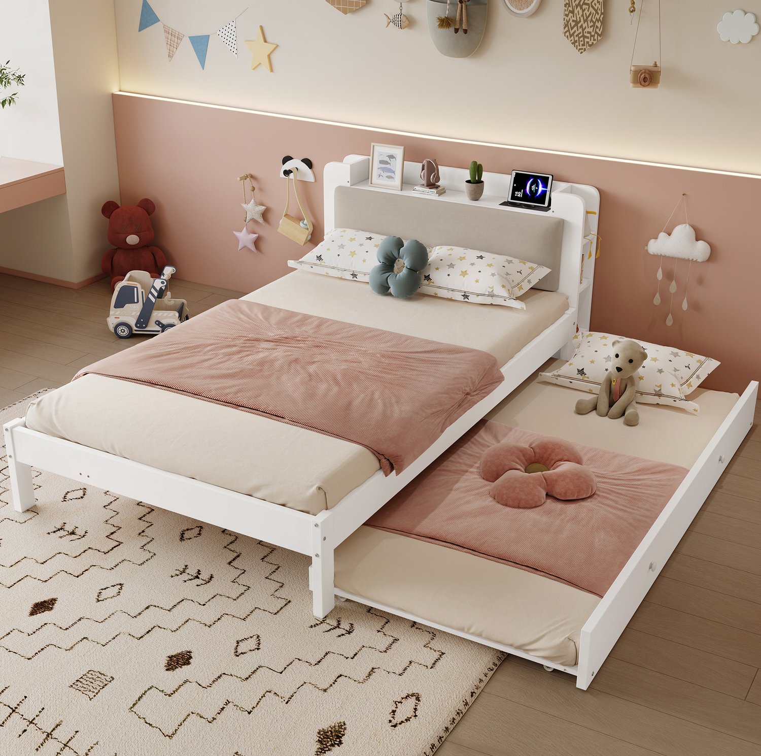Wishdor Bed 120x200 cm - Uitschuifbed links of rechts monteerbaar - Gestoffeerd hoofdbord met open vakken en laadstation - Kinderkamer logeerkamer slaapkamer - Wit hout en MDF