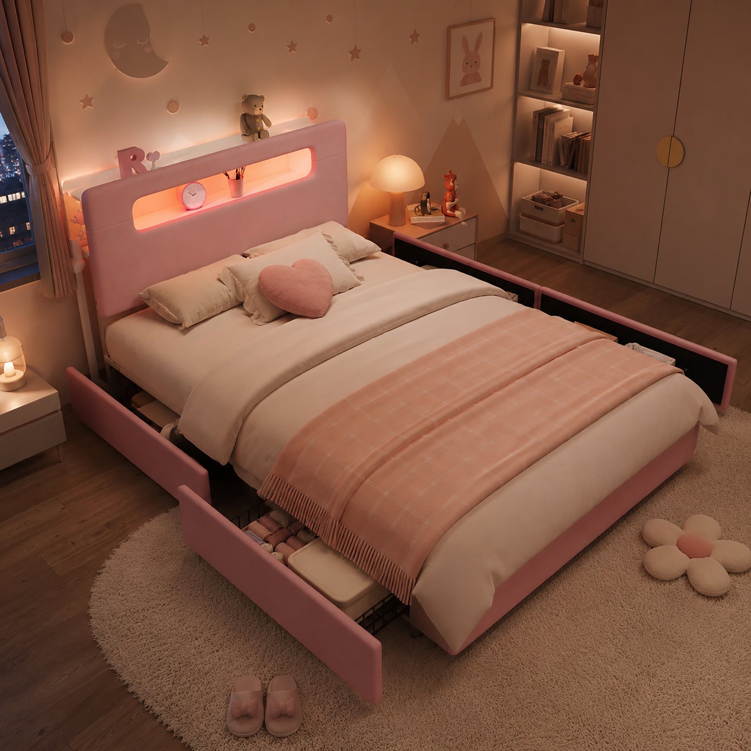Wishdor Kinderbed 140x200 cm - Roze gestoffeerd bed met 4 zijlades - Open opbergruimte in het hoofdbord en LED-verlichting met appbediening - Voor kinder- en tienerkamer - Fluweel, multiplex en MDF