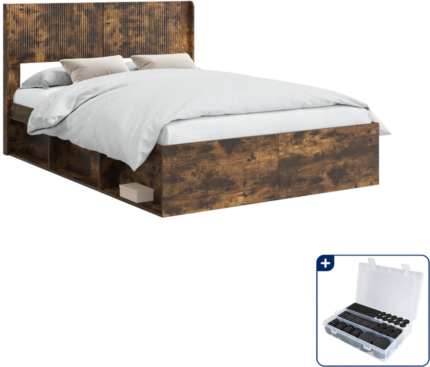 vidaXL bedframe - 120 x 190 cm - bewerkt hout - gerookt eiken - Inclusief antikrasvilt 177-delig Bruin