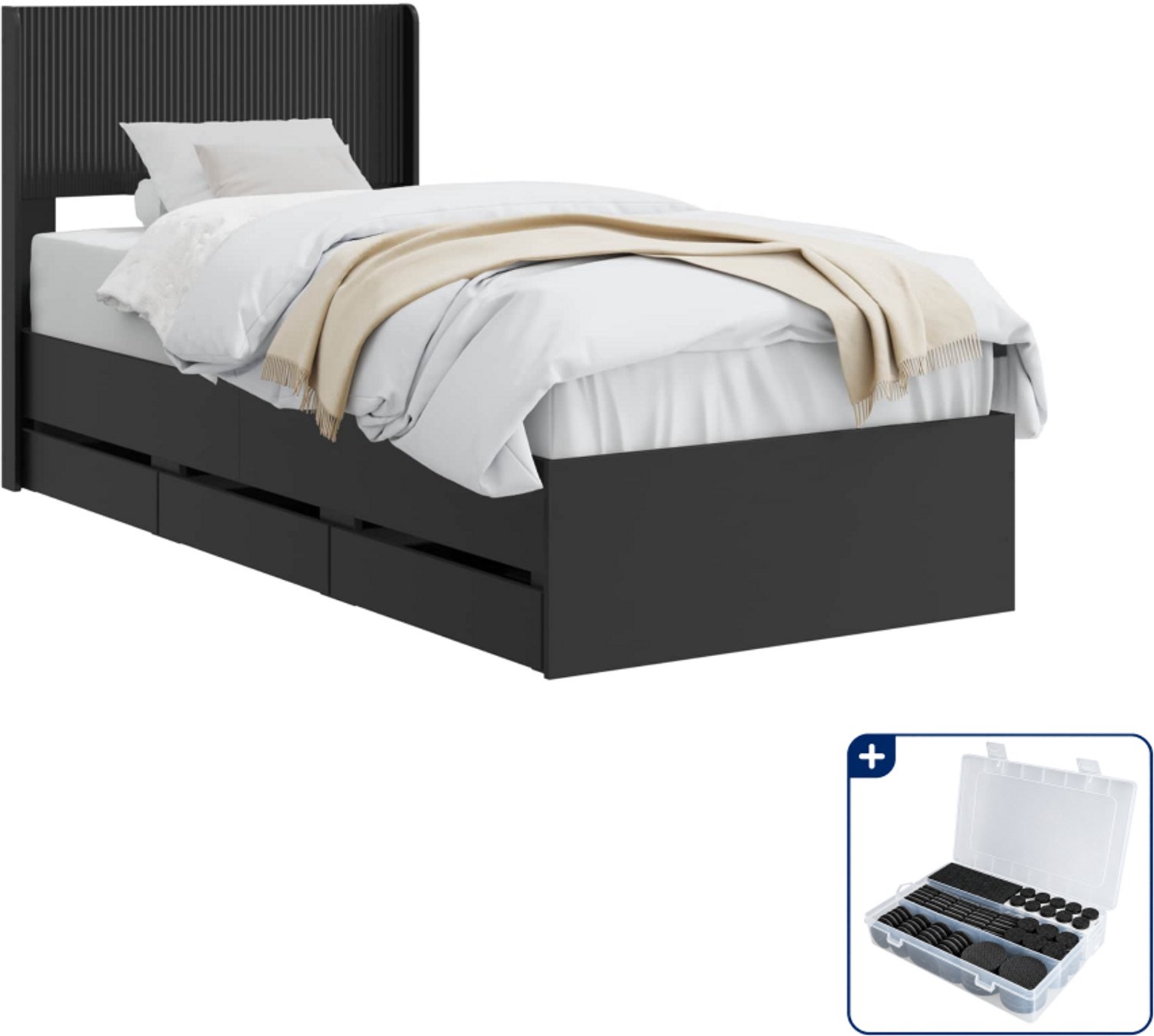vidaXL bedframe met opbergruimte - 90 x 200 cm - bewerkt hout - zwart - Inclusief antikrasvilt 177-delig