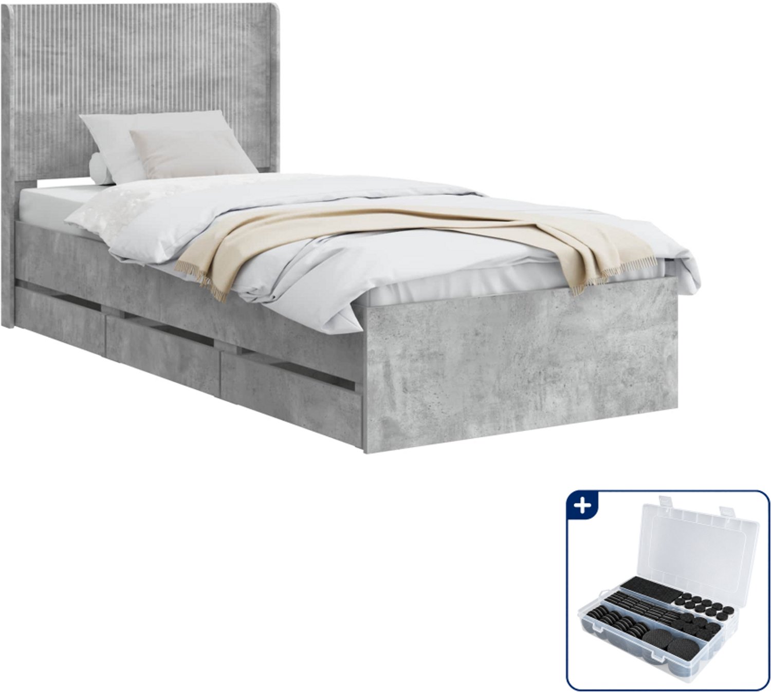 vidaXL Bedframe - 75 x 190 cm - bewerkt hout - betongrijs - Inclusief antikrasvilt 177-delig
