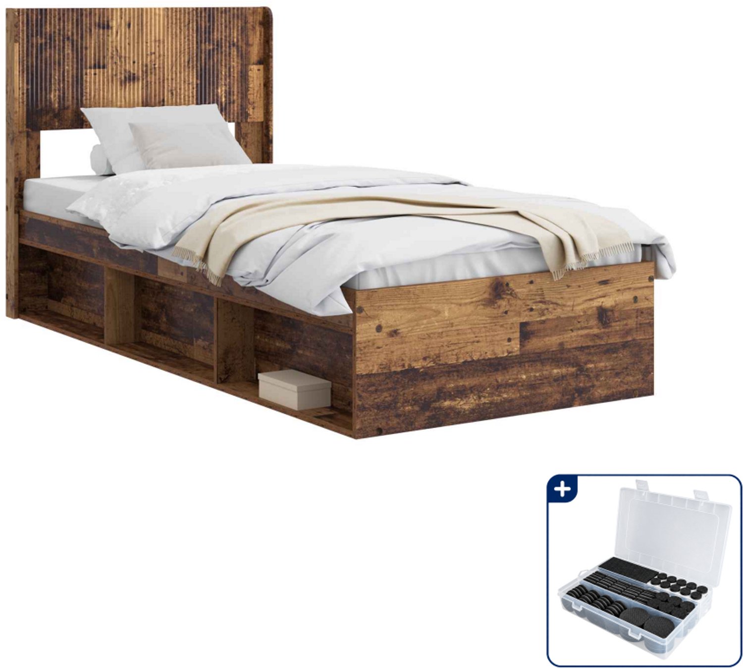 vidaXL Bedframe met opbergruimte - 75 x 190 cm - oud hout - Inclusief antikrasvilt 177-delig Bruin