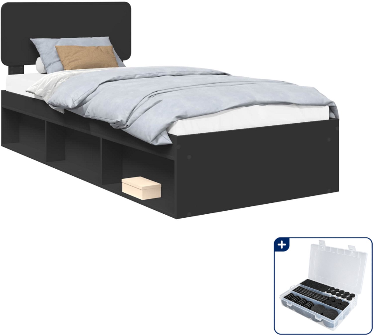 vidaXL bedframe met hoofdeinde - 90 x 200 cm - massief grenenhout - zwart - Inclusief antikrasvilt 177-delig Donker Grijn