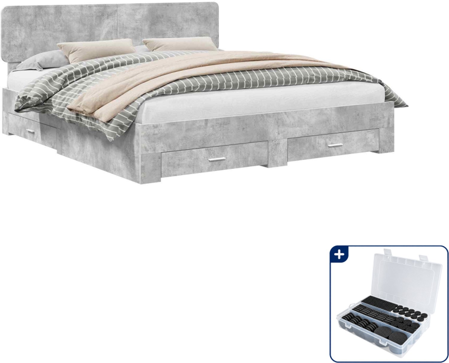 vidaXL bedframe met lade - 200 x 200 cm - bewerkt hout - beton grijs - Inclusief antikrasvilt 177-delig