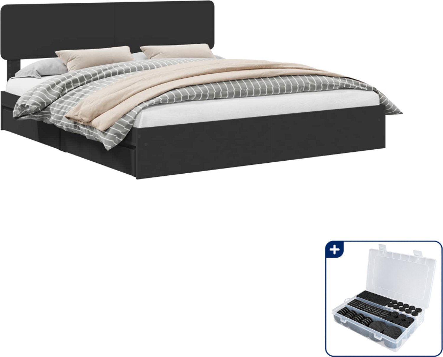 vidaXL bedframe - 200 x 200 cm - bewerkt hout - zwart - Inclusief antikrasvilt 177-delig Lichtgrijs