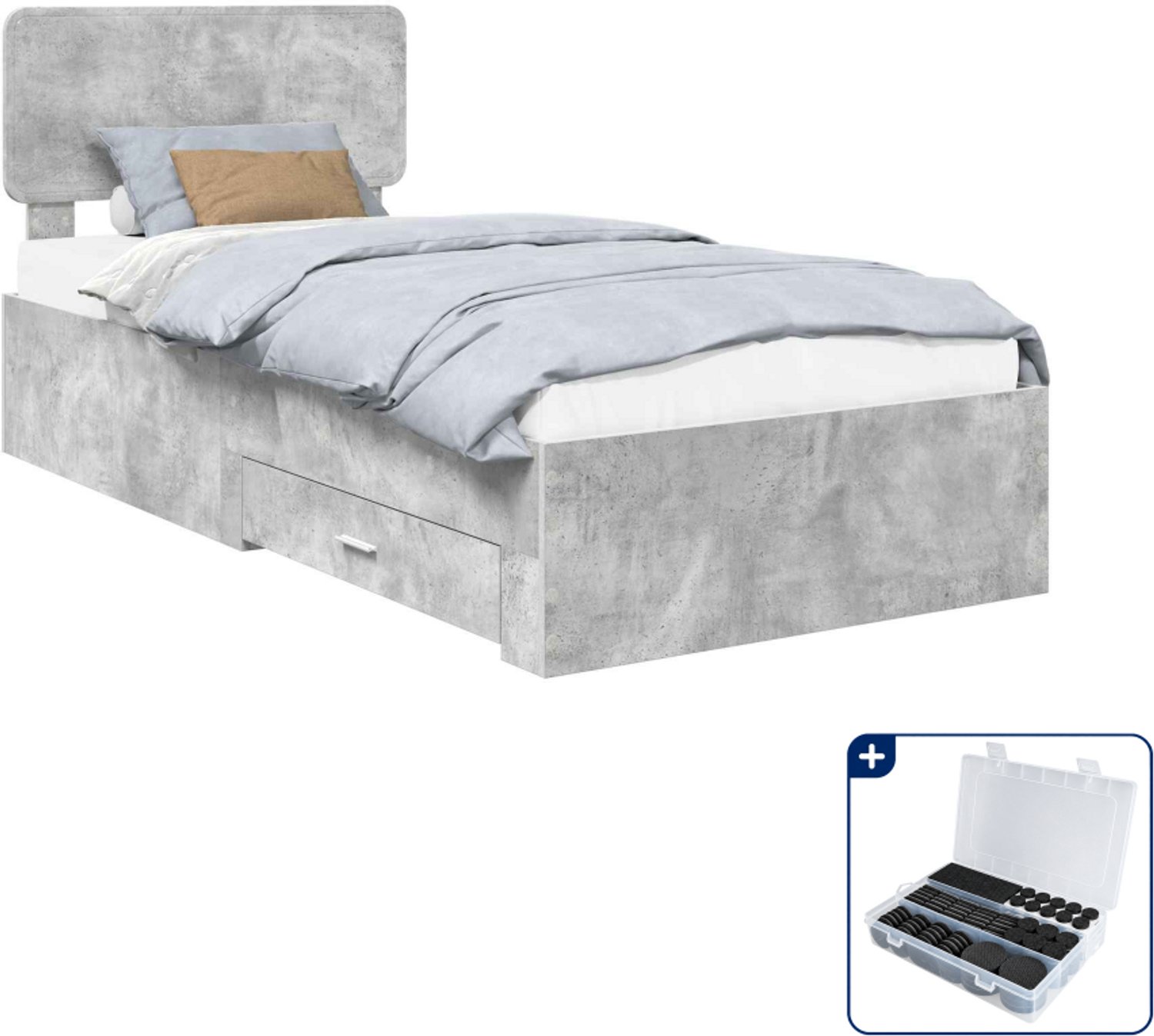 vidaXL bedframe met lade - 70 x 190 cm - bewerkt hout - beton grijs - Inclusief antikrasvilt 177-delig