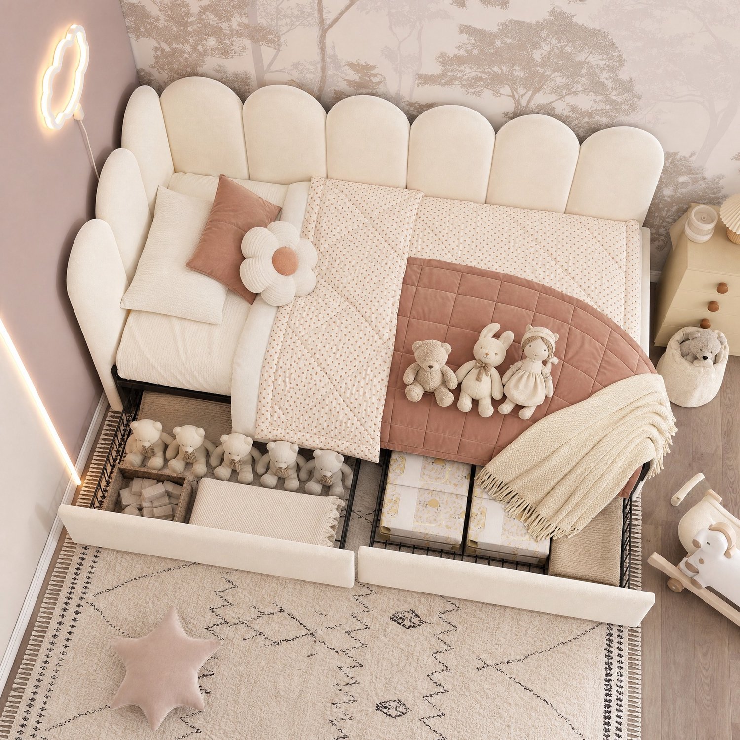 Maisentiel Eenpersoonsbed met 2 lades en lattenbodem - fluweel beige - 90 x 190 cm