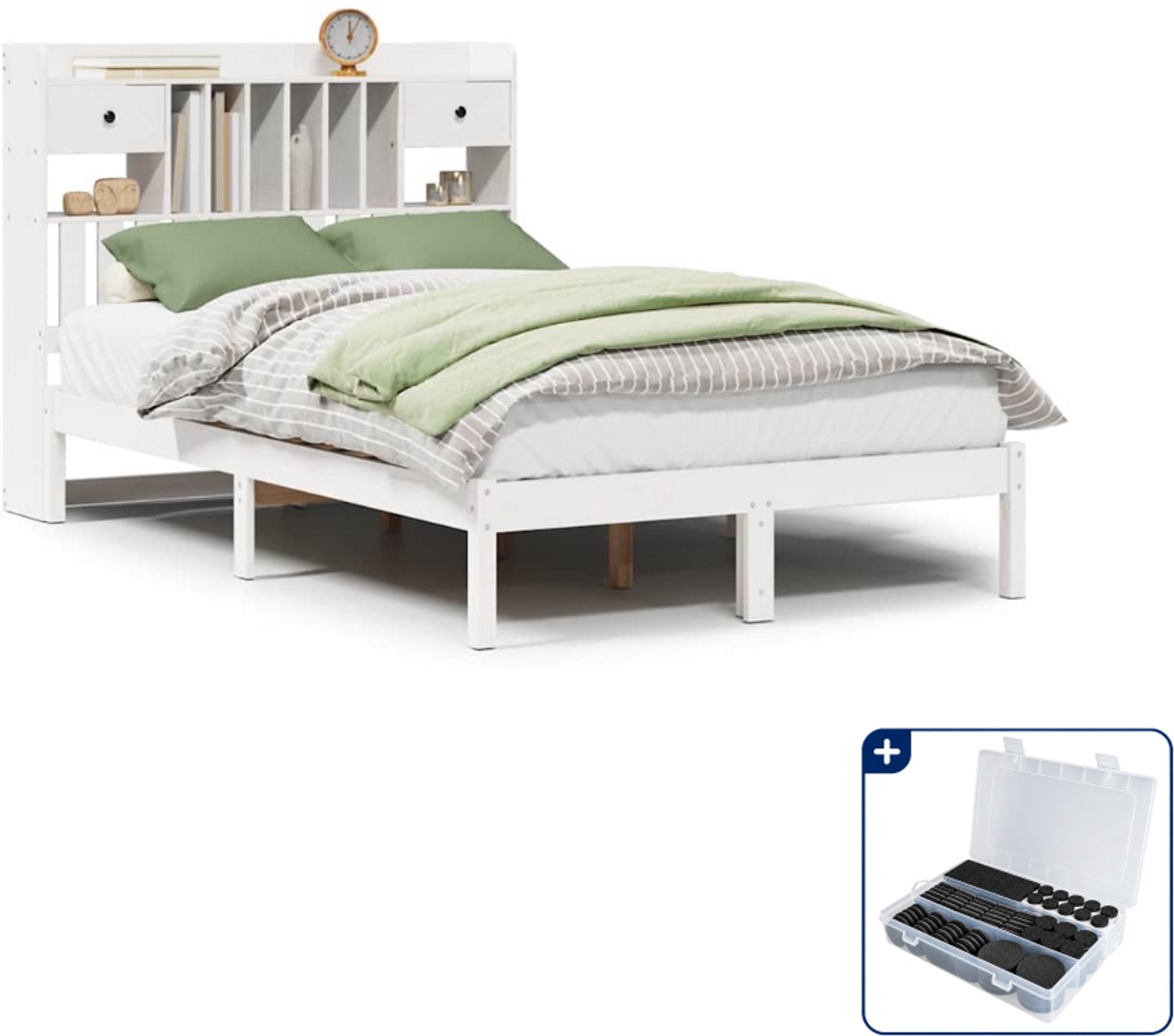 vidaXL bed met boekenkast - 135 x 190 cm - massief grenenhout - wit - Inclusief antikrasvilt 177-delig