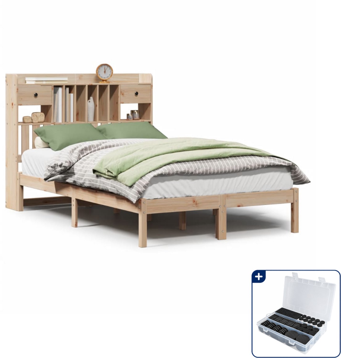 vidaXL bed met boekenkast - 135 x 190 cm - massief grenenhout - Inclusief antikrasvilt 177-delig Bruin