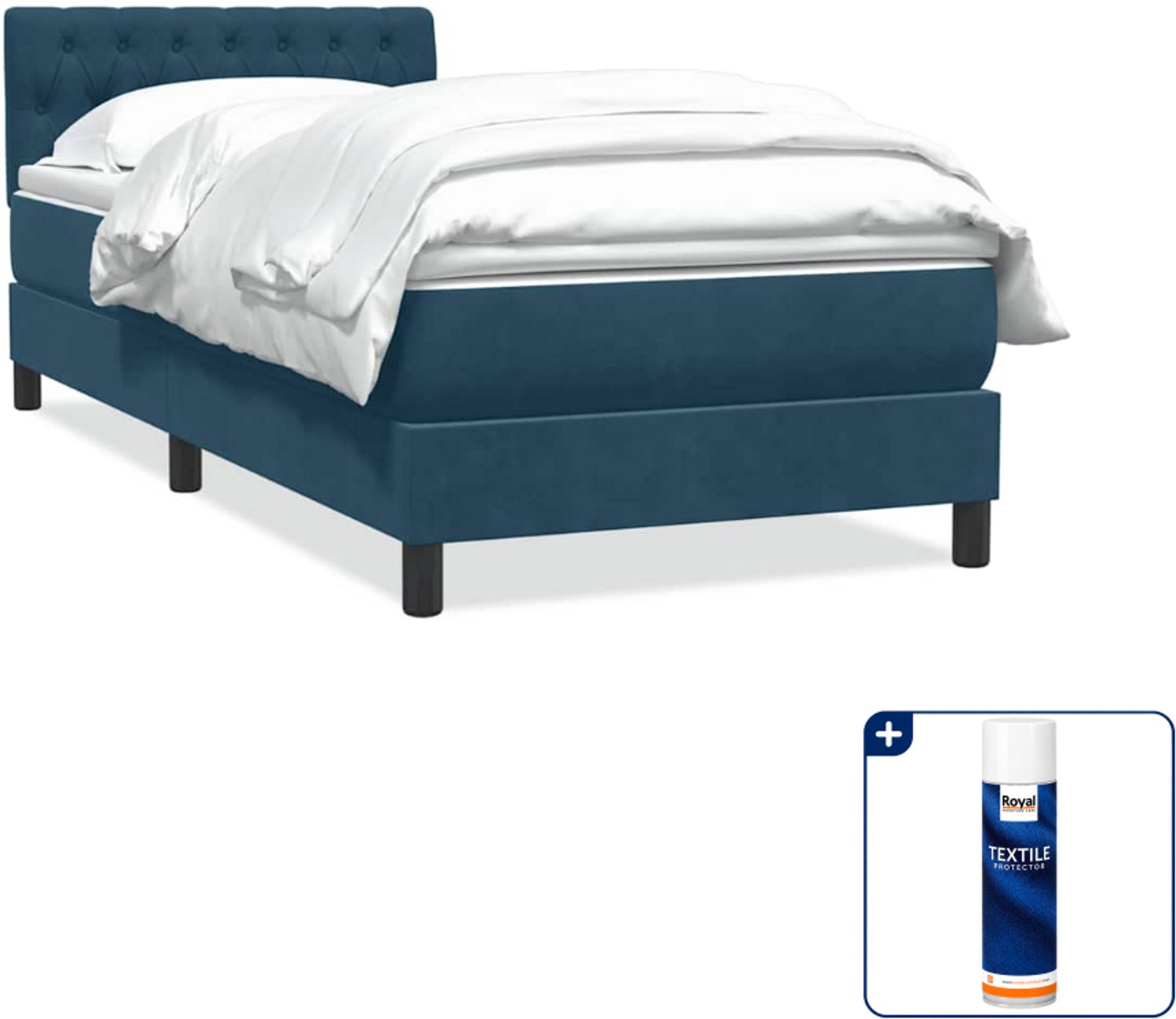 vidaXL boxspring met matras - 80 x 220 cm - fluweel - donkerblauw - Inclusief textielbeschermer 500 ml Wit