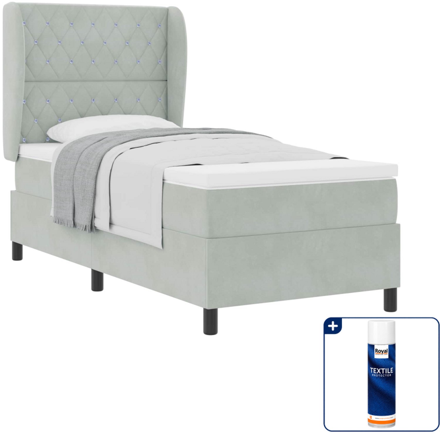 vidaXL boxspringbed met matras - 90 x 200 cm - fluweel - lichtgrijs - Inclusief textielbeschermer 500 ml
