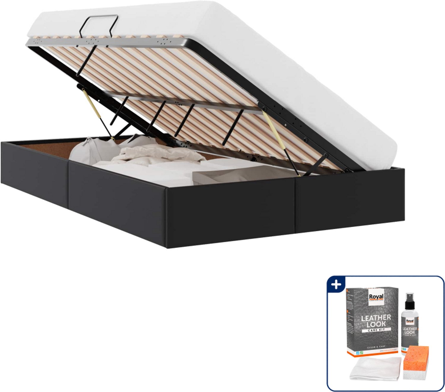 vidaXL ottoman bedframe met opslag - 120 x 200 cm - kunstleer - zwart - Inclusief onderhoudsset voor kunstleer 150 ml