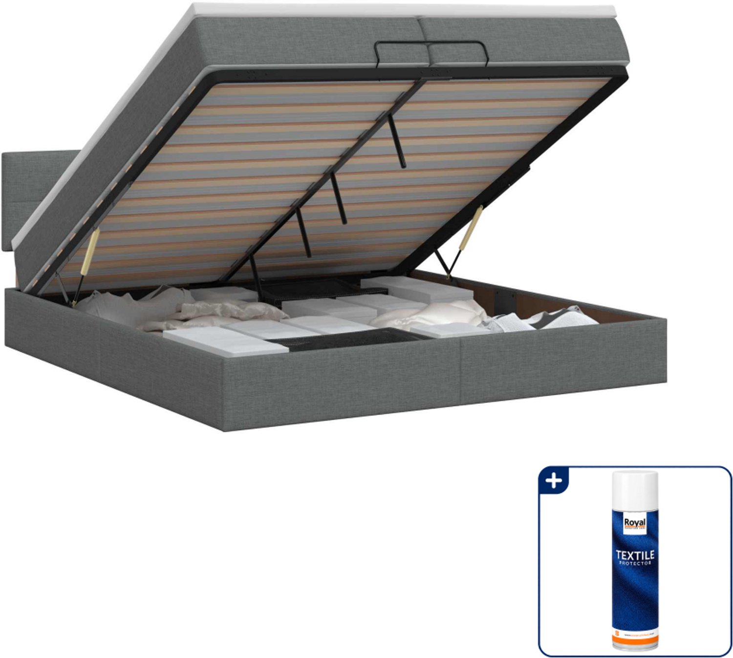 vidaXL Ottoman bed met matras - Super kingsize - 200 x 200 cm - grijs - Inclusief textielbeschermer 500 ml Donker Grijn
