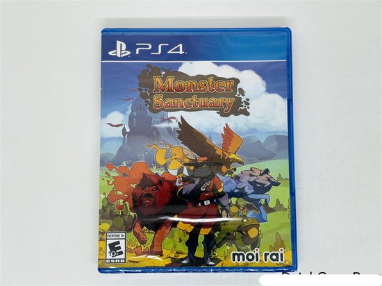 PlayStation 4-game Monster Sanctuary met een avonturier en monsters op de hoes, ESRB 10+ beoordeling.