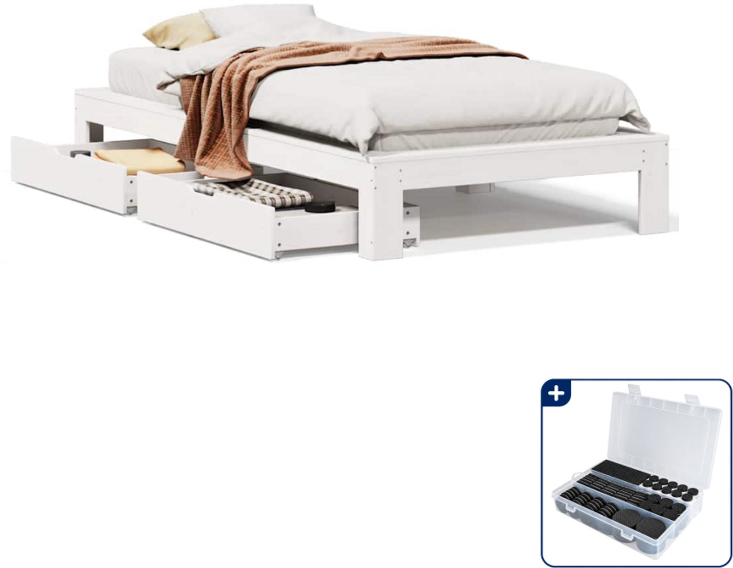 vidaXL bedframe met 2 lades - 90 x 200 cm - grenenhout - wit - Inclusief antikrasvilt 177-delig Zwart