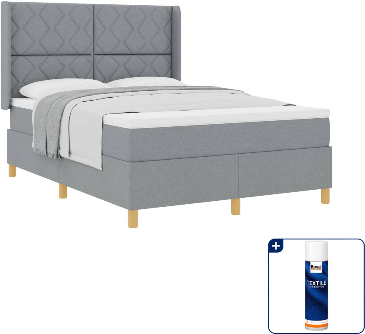 vidaXL boxspringbed - 140 x 190 cm - stof - lichtgrijs - Inclusief textielbeschermer 500 ml