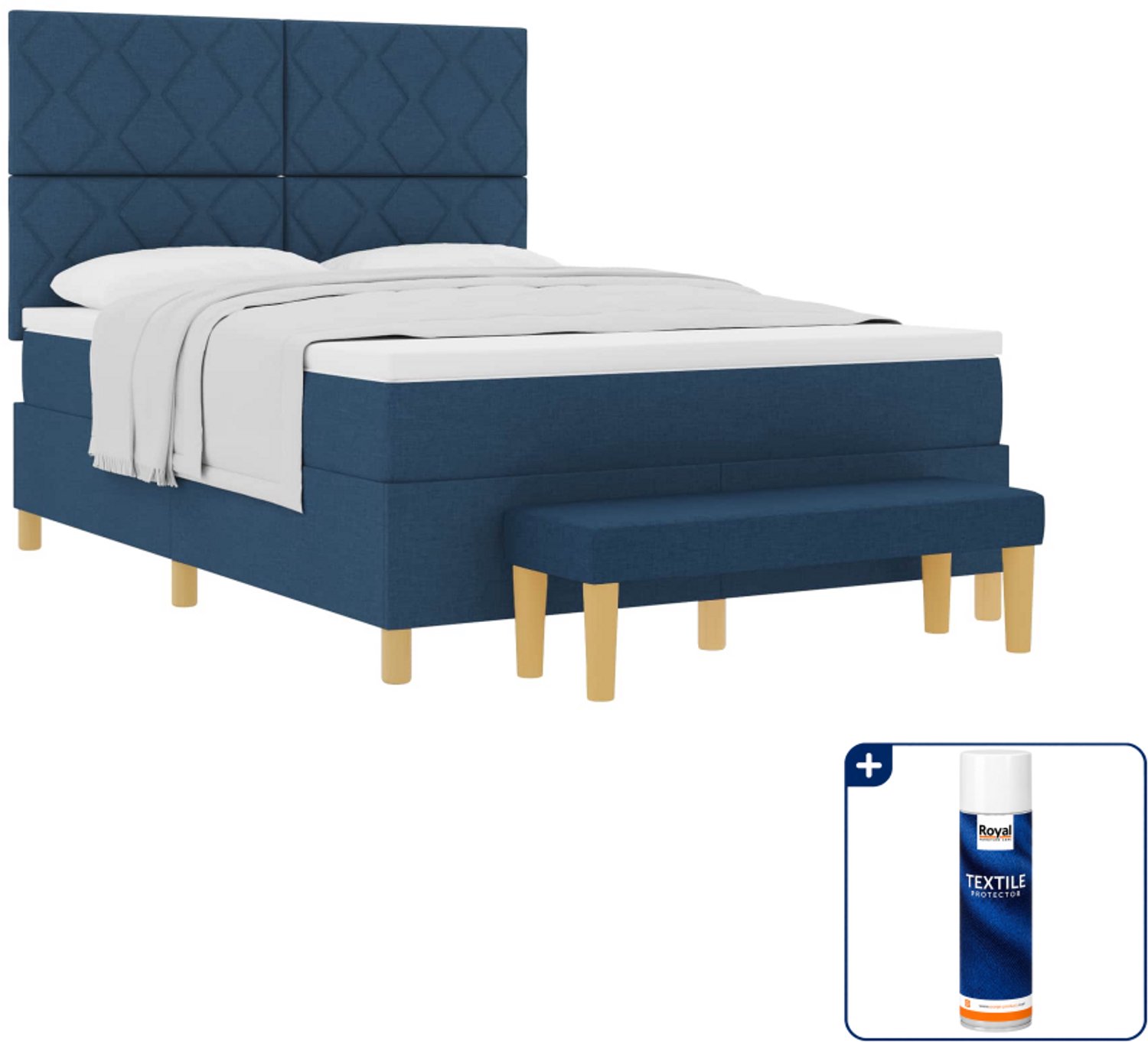 vidaXL boxspring met matras en bank - 140 x 190 cm - blauw - Inclusief textielbeschermer 500 ml