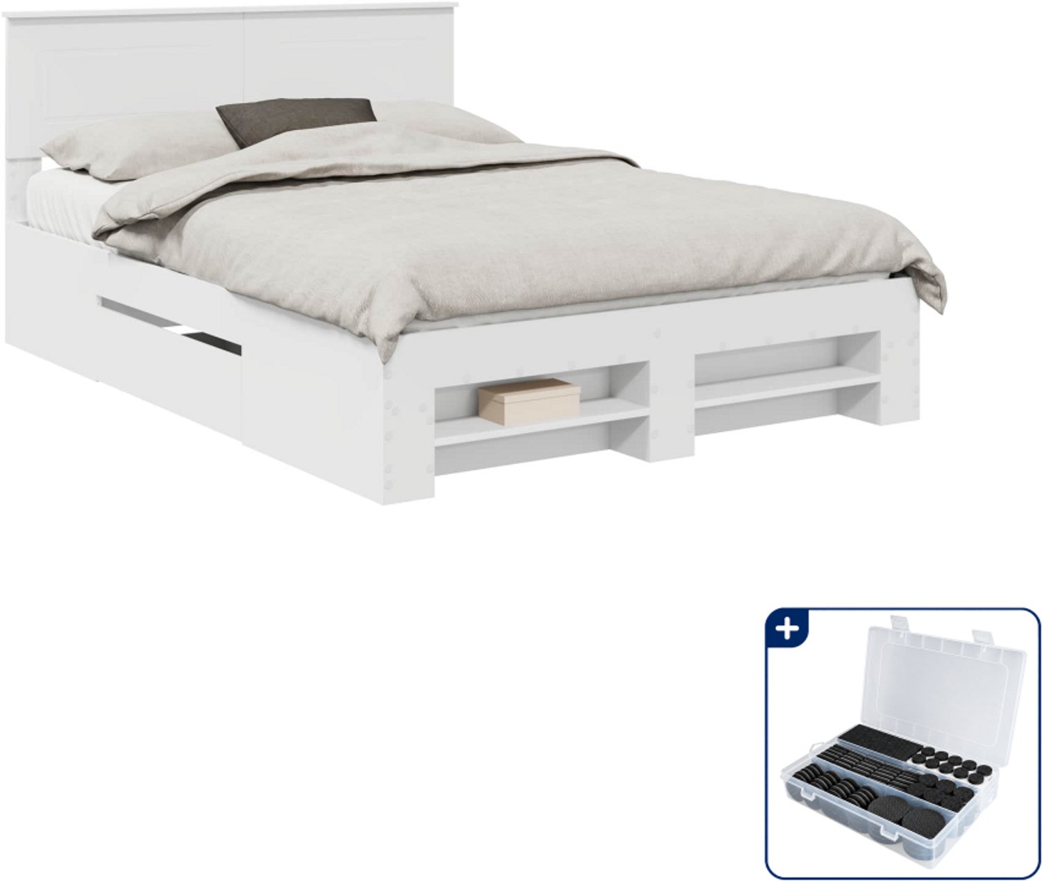 vidaXL bedframe met hoofdeinde - Small double - 140 x 200 cm - wit - Inclusief antikrasvilt 177-delig Grijs