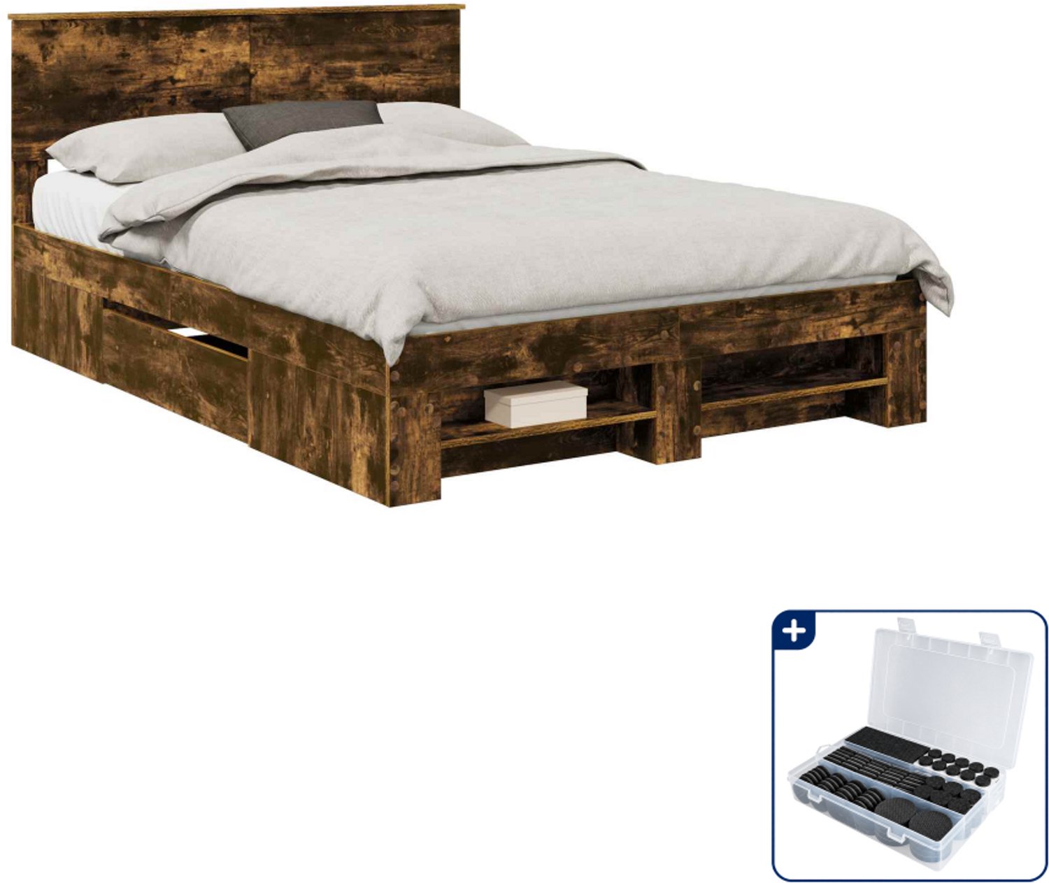 vidaXL Bedframe met hoofdeinde - Small double - 140 x 200 cm - Gerookt eiken - Inclusief antikrasvilt 177-delig Grijs