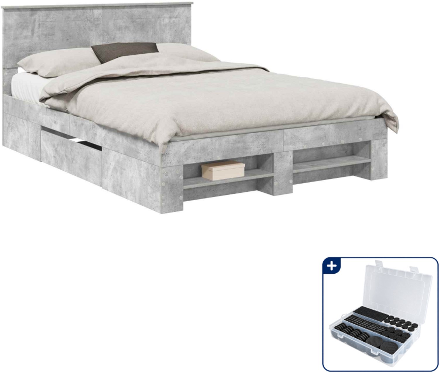 vidaXL Bedframe met hoofdeinde - Small double 140 x 200 cm - Beton grijs - Inclusief antikrasvilt 177-delig Bruin
