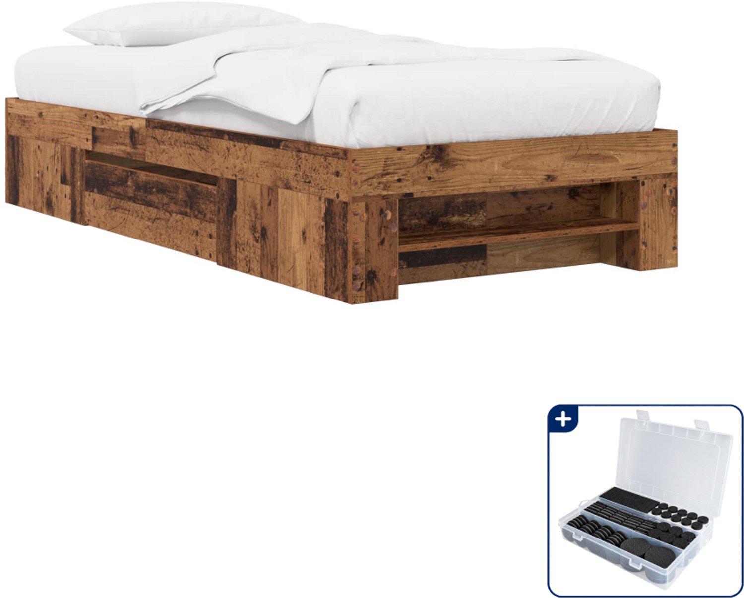 vidaXL Bedframe met lade 80 x 200 cm - bewerkt hout - oud hout - Inclusief antikrasvilt 177-delig Bruin