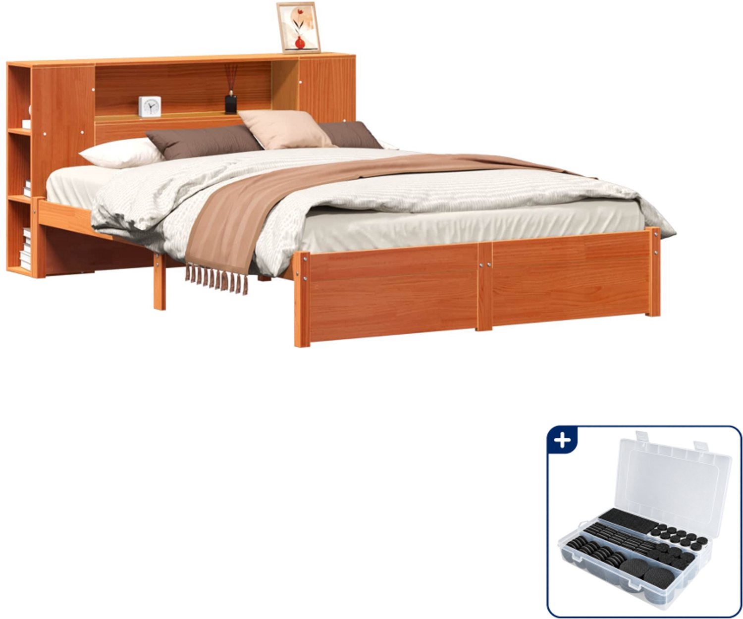 vidaXL Bedframe Small double - 140 x 200 cm - massief grenen - wasbruin - Inclusief antikrasvilt 177-delig